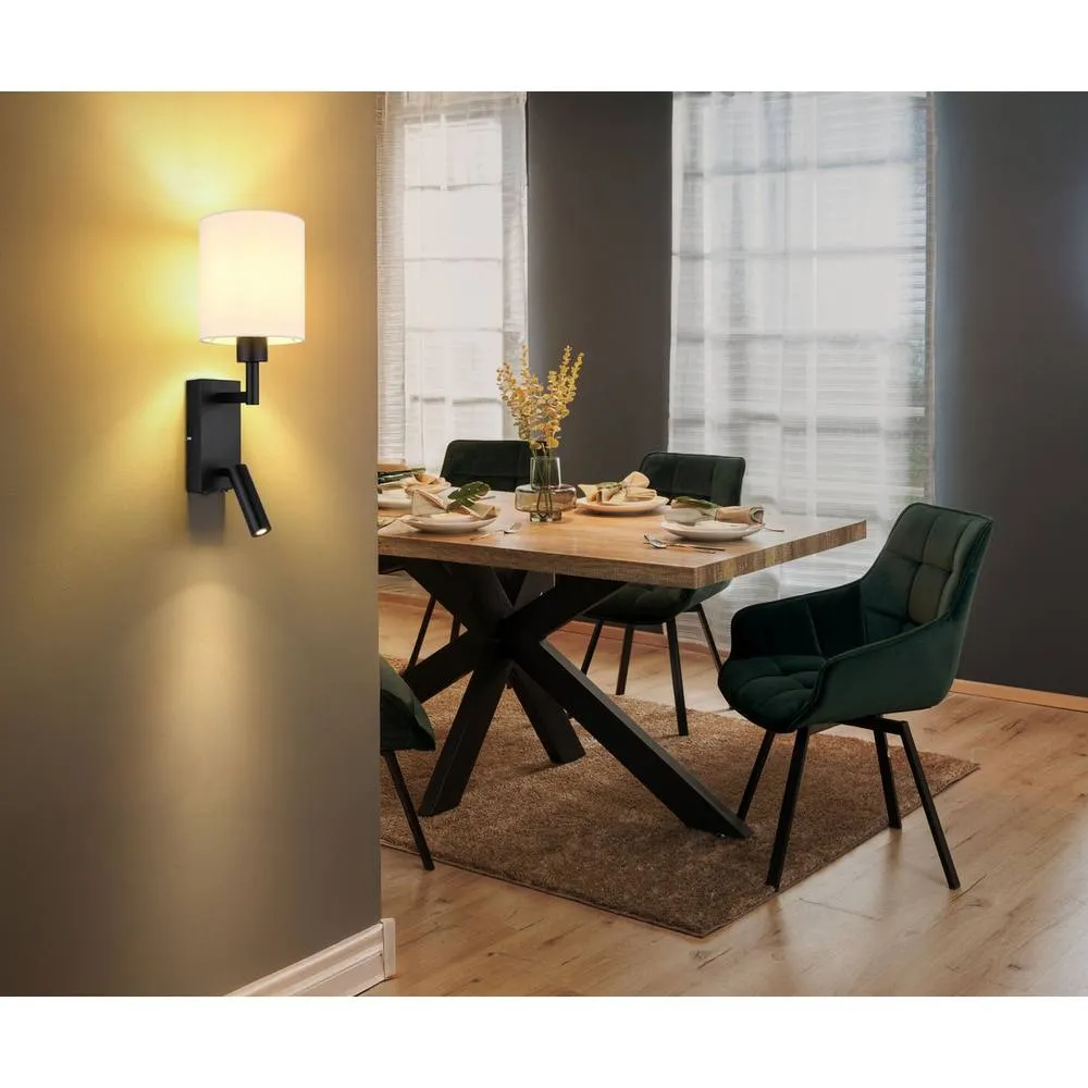 Netlighting Zamora Reading Wall Light Matt Black Textile White Shade E27 2