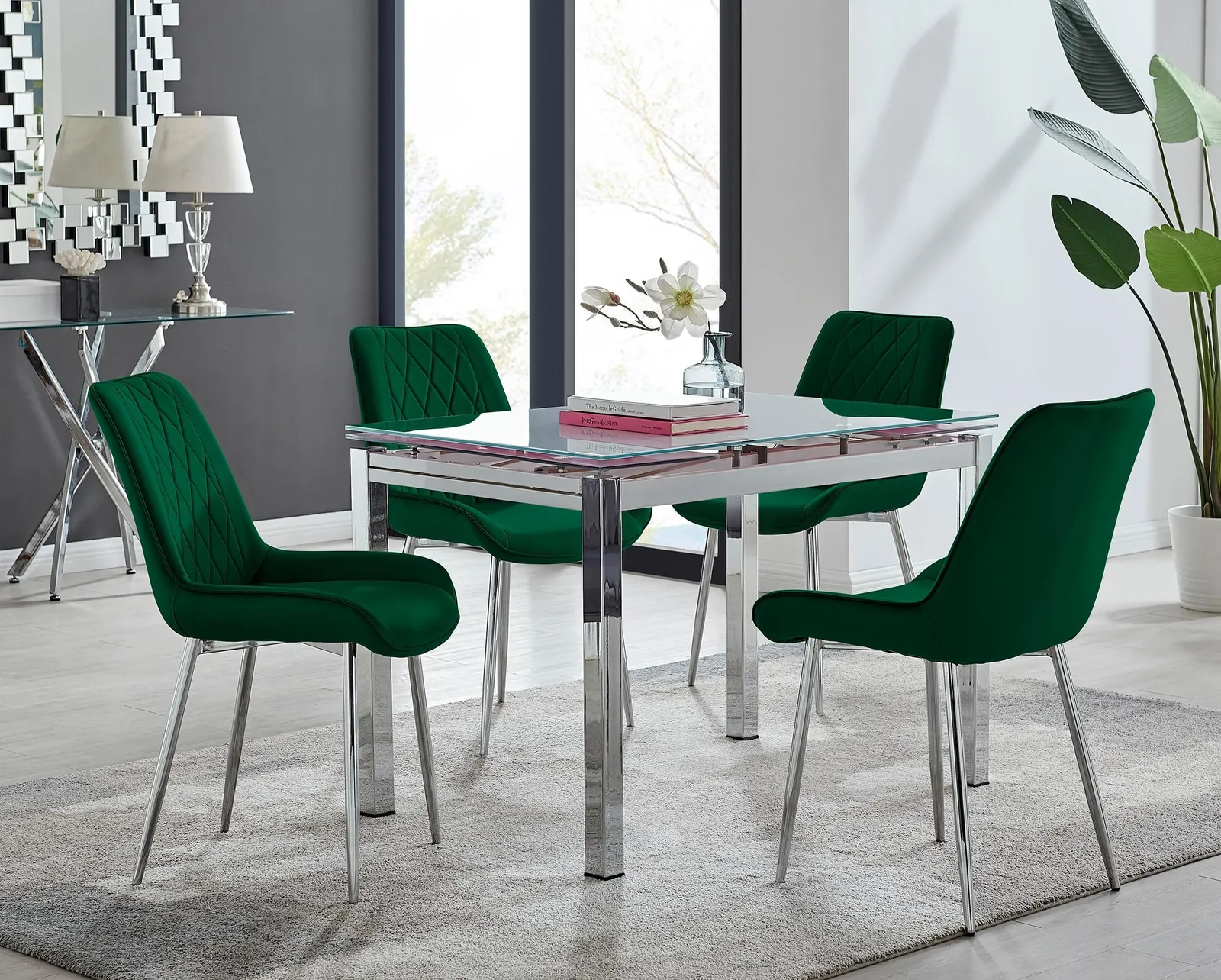 FurnitureboxUK Enna White Glass Extending 4-6 Seater Dining Table & 4 Pesaro Soft Velvet Chairs in Green 1