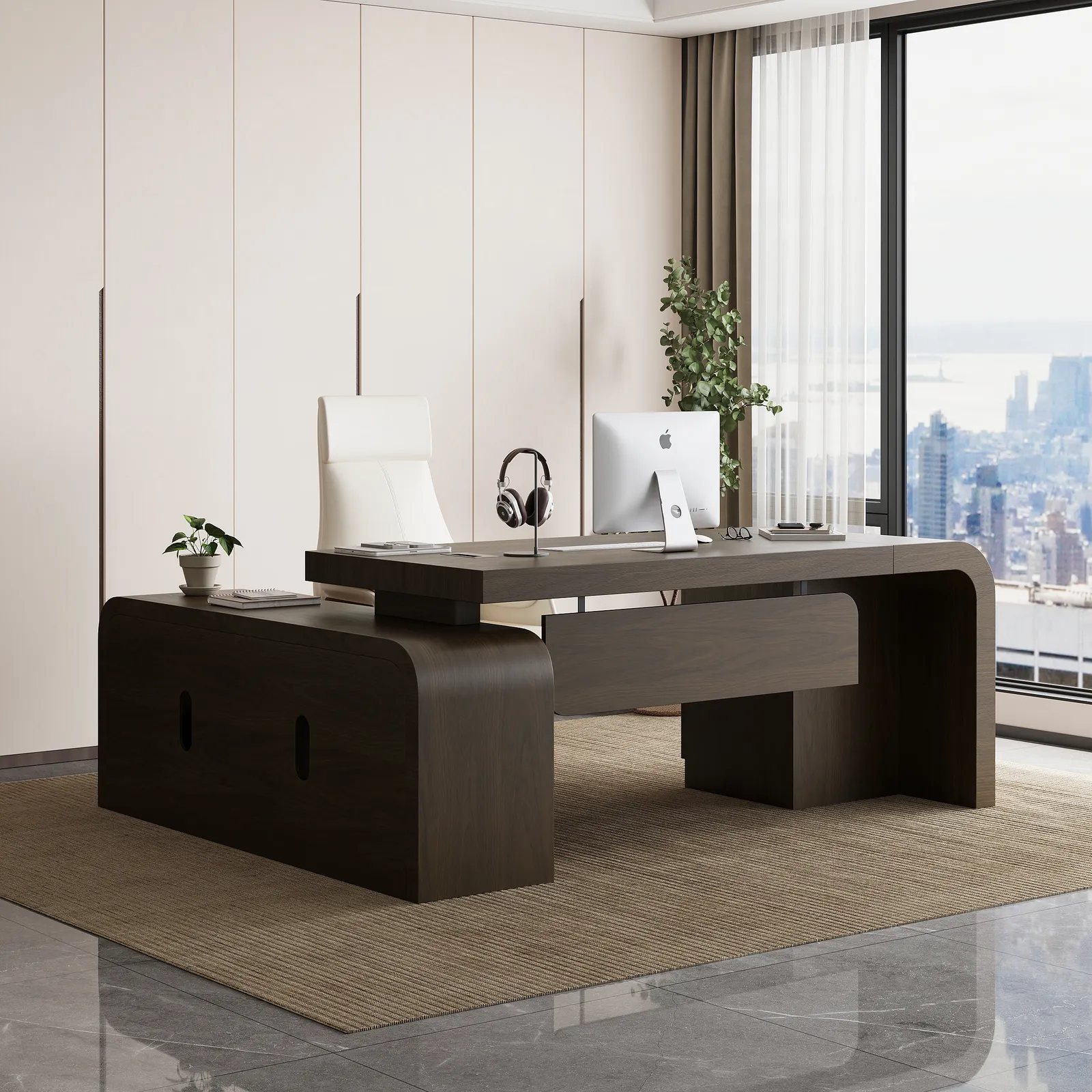 Chicent 71" L-shaped Smoked Brown Computer Desk with Cabinet Right Hand