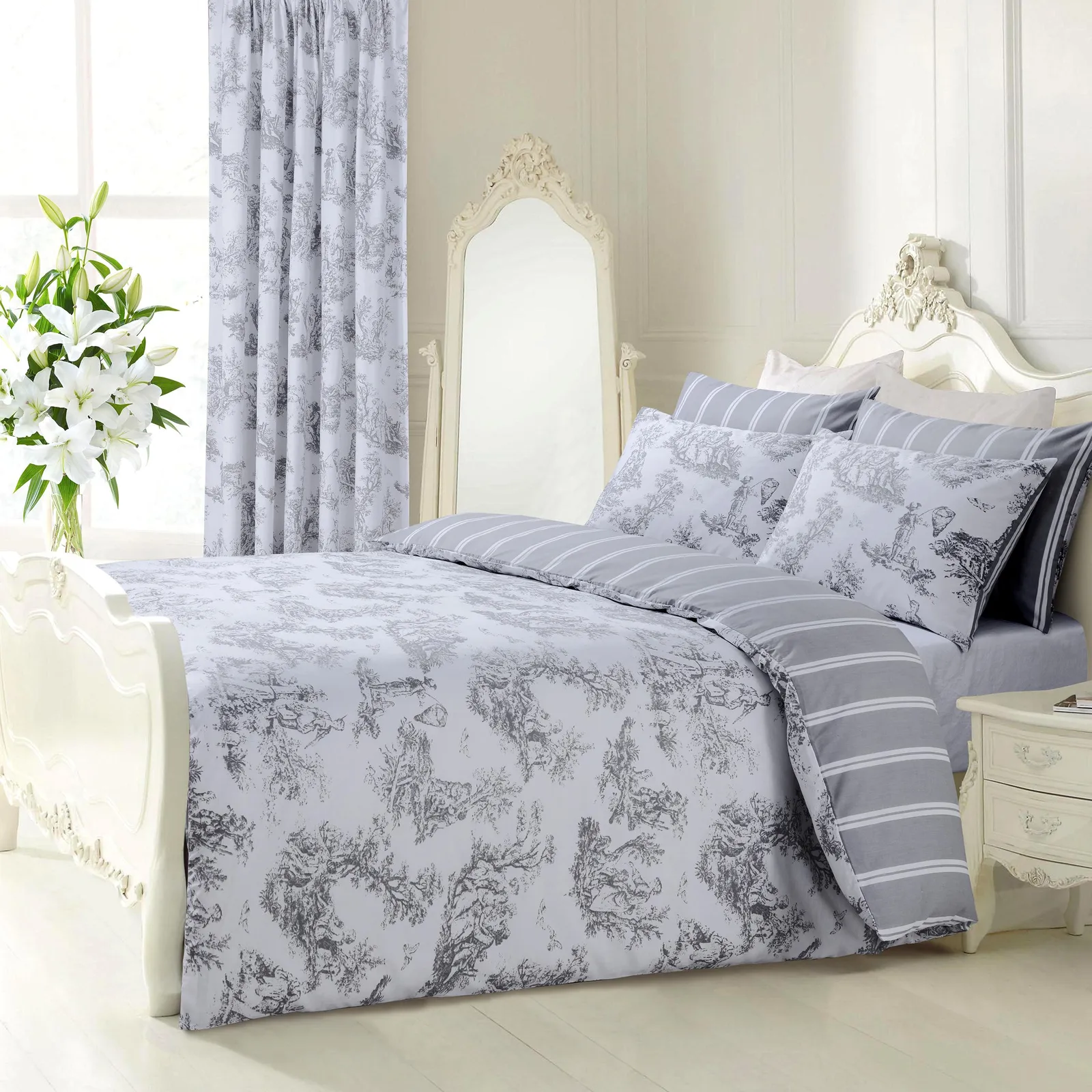 Velosso Toille Cotton Rich Printed Duvet Cover & Pillowcase Set in Grey