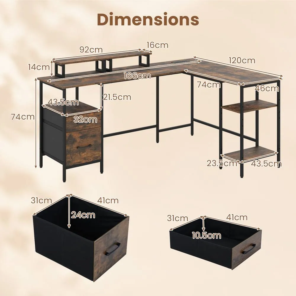 Costway L-shaped Desk with Power Outlets Reversible Corner Desk in Brown 2