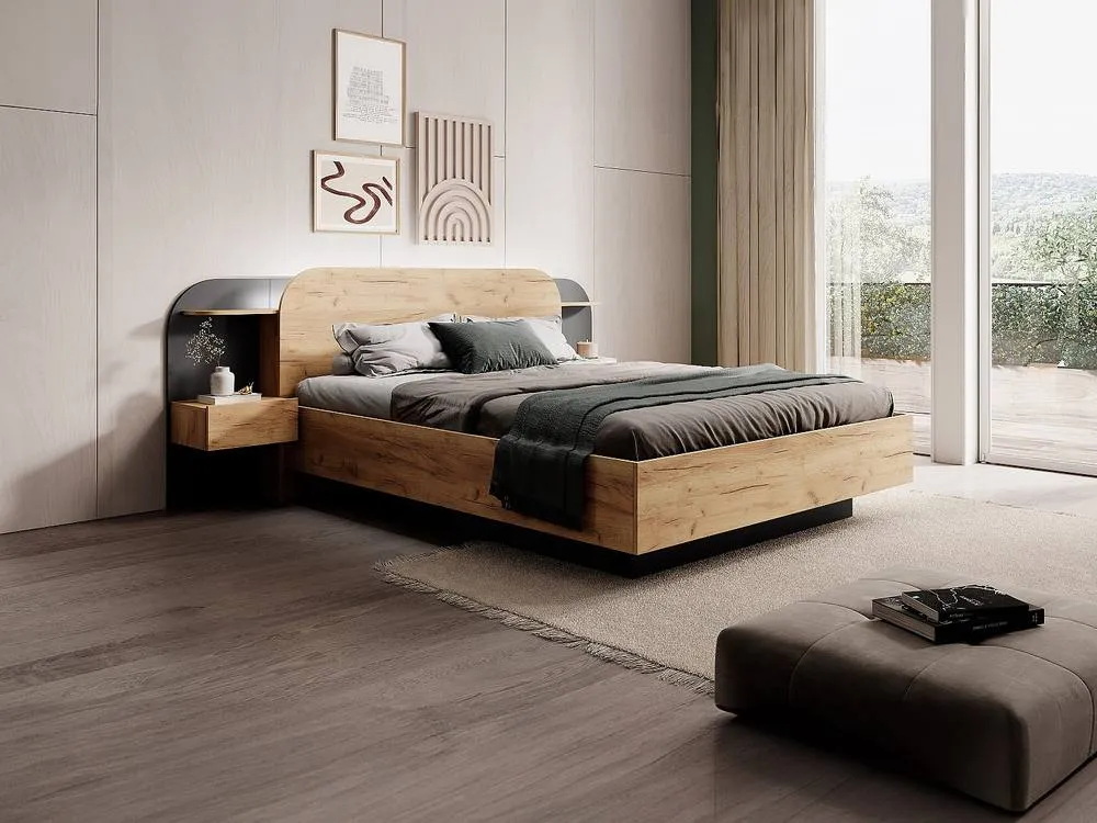Vente-unique Bed With Bedside Tables 160 X 200 Cm - With Leds - Colours: Natural in Black