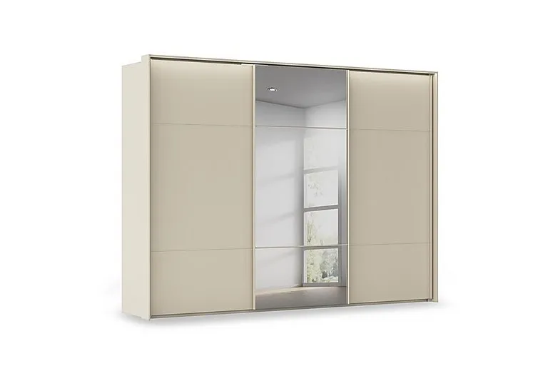 Haven 310cm 3 Door Slider Wardrobe with 2 Décor Doors, 1 Mirror Door and Lights