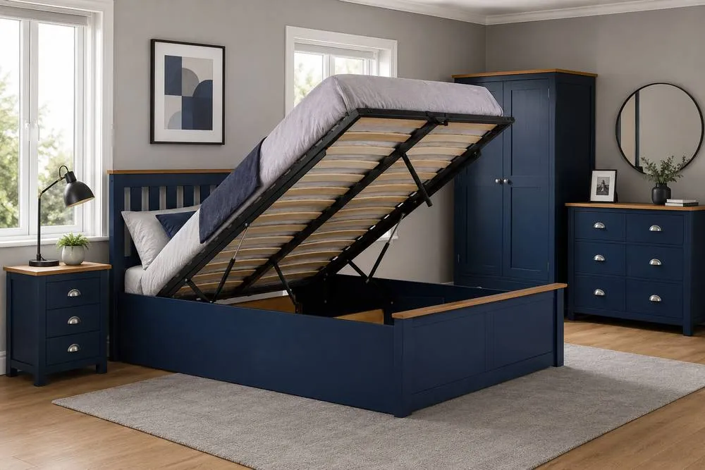 Birlea King Size Ottoman Bed Navy Blue Aspen Wood Frame Storage 5FT Oak Solid 3