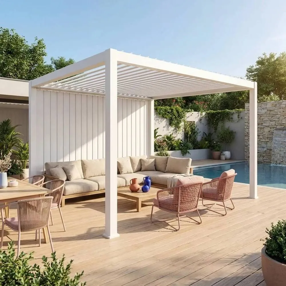 sweeek Louvered pergola 4x3m & 4m vertical adjustable louver panel in White 3