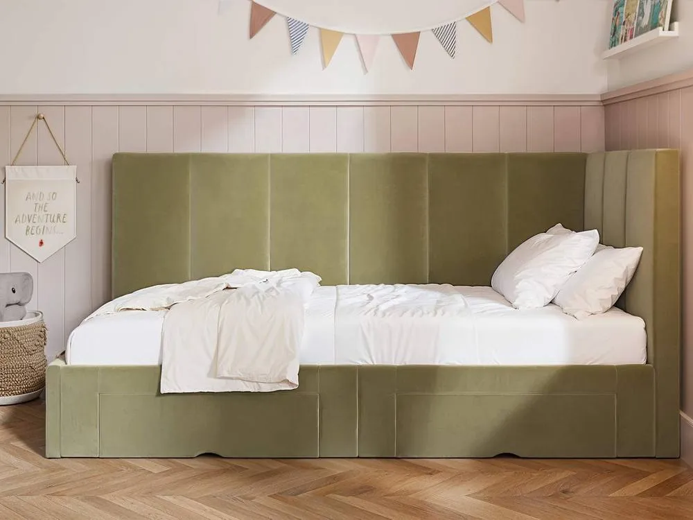 Flair Harley Corner Fabric Bed Frame with Storage Drawers in Green 3