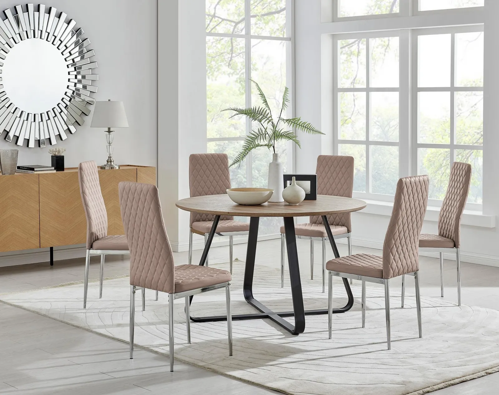 FurnitureboxUK Santorini Brown Wood Effect Dining Table & 6 Milan Chrome Leg Chairs in Beige 1