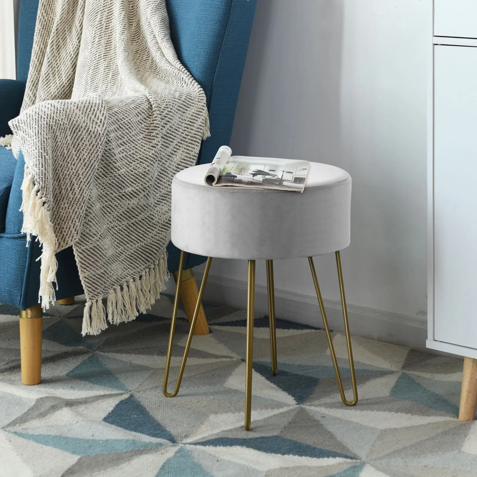 Costway Velvet Modern Round Footstool Ottoman Footrest Makeup Dressing Chair Seat Home in Grey 3