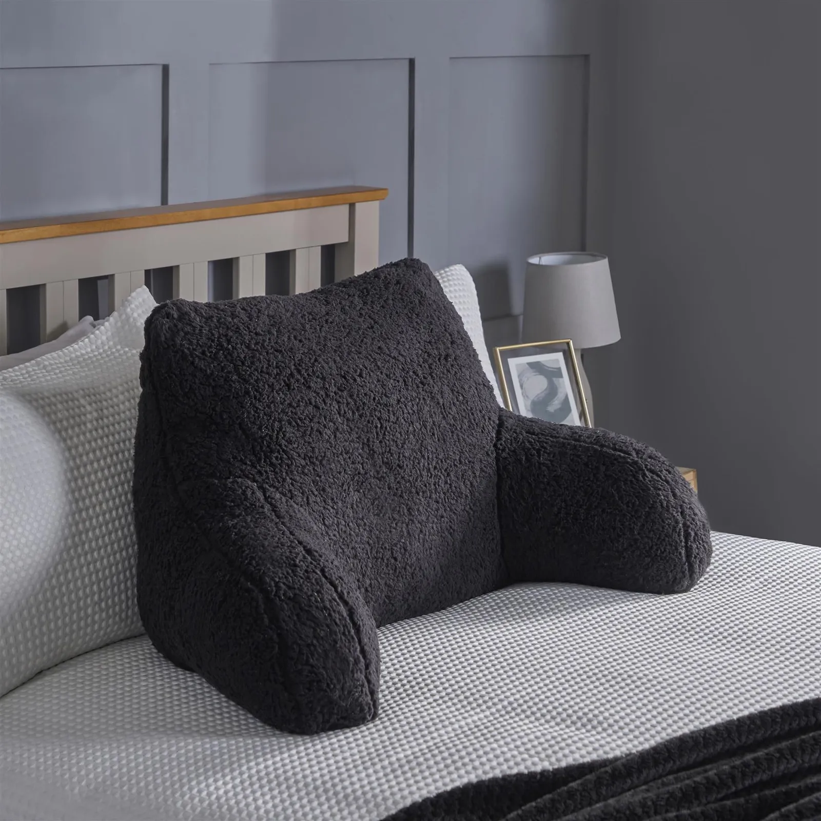 OHS Teddy Fleece Bed Reading Cushion Pillow with Arms Lumbar Support in Black