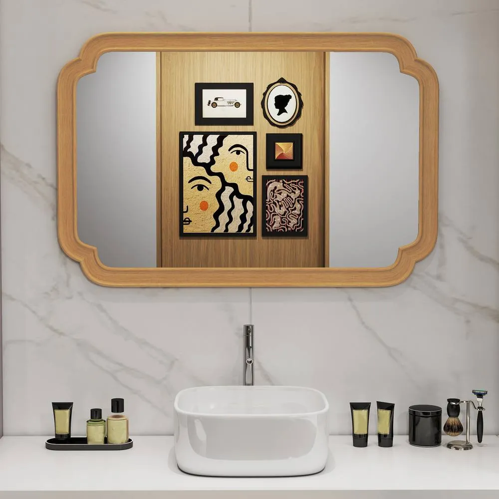 Costway Rounded Corner Arch Wall Mirror 90x60 cm Farmhouse Decorative Mirror in Brown 4