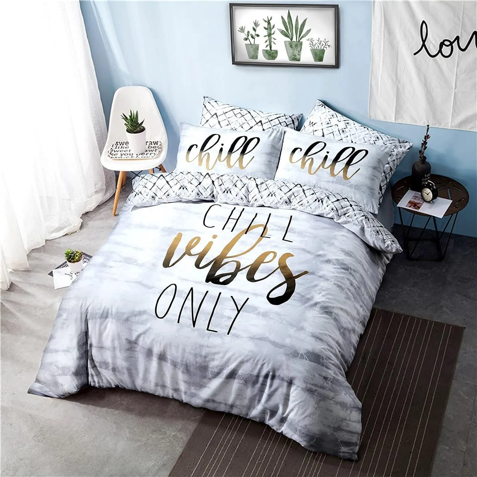 Sleepdown Chill Vibes Only Slogan Waves Duvet Set Quilt Cover Polycotton Bedding King Size, Grey