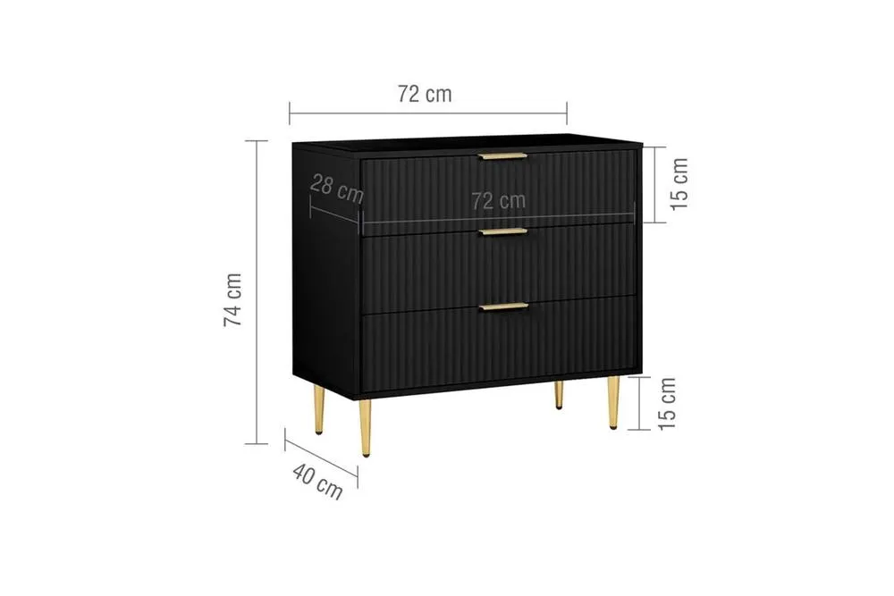 Birlea Zaza Black 3 Drawer Chest Fluted Bedroom Storage 6