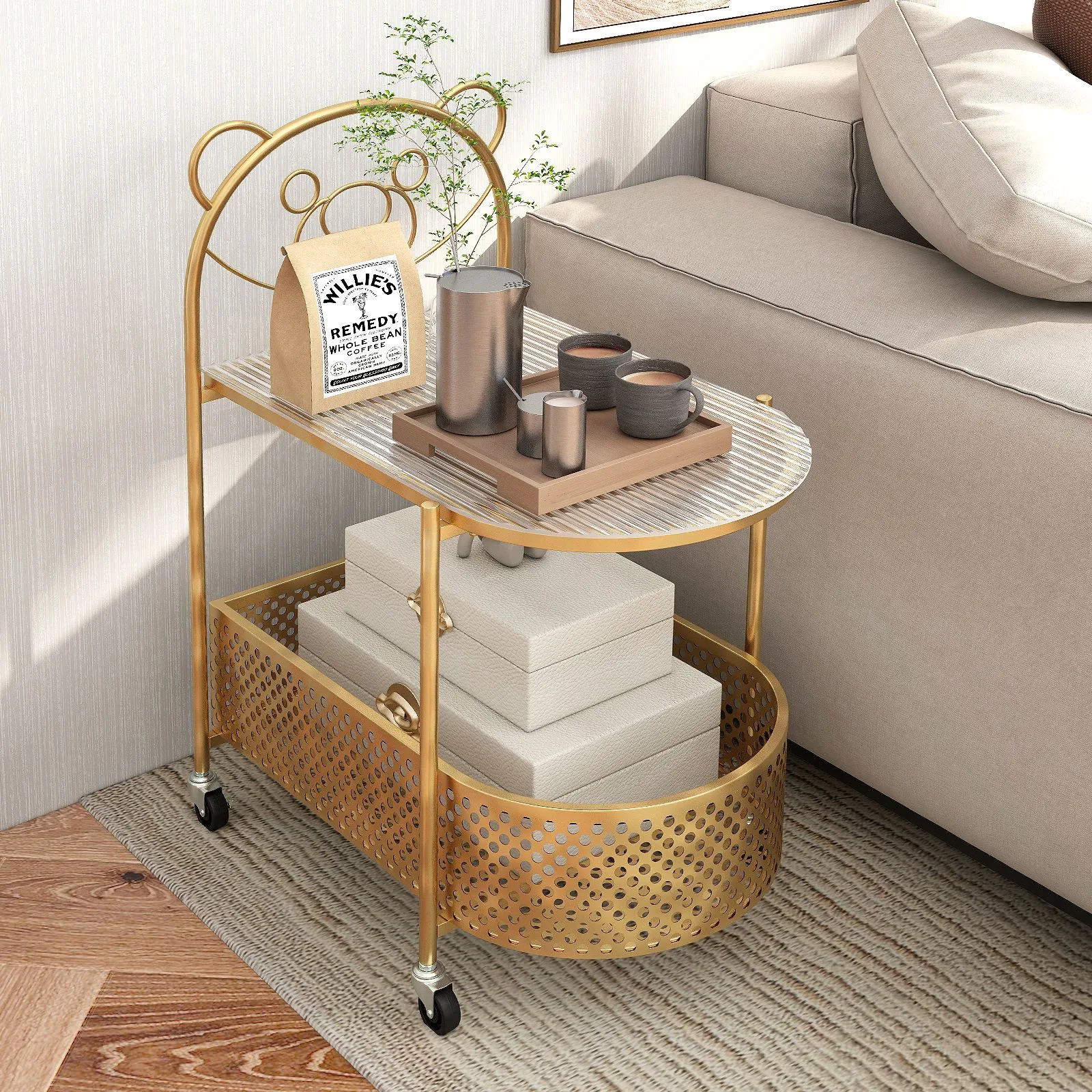 Costway Mobile Glass Coffee Table 2-Tier Modern Cocktail Table-Golden in Gold 5