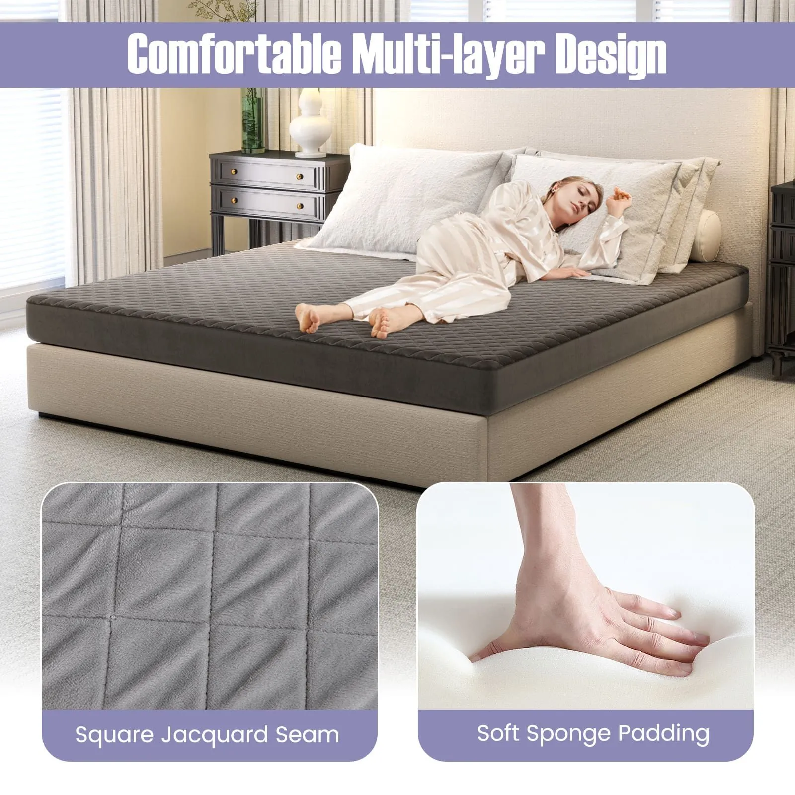 Costway Super King Size Mattress Protector Super Soft Velvet Mattress Topper in Grey 4