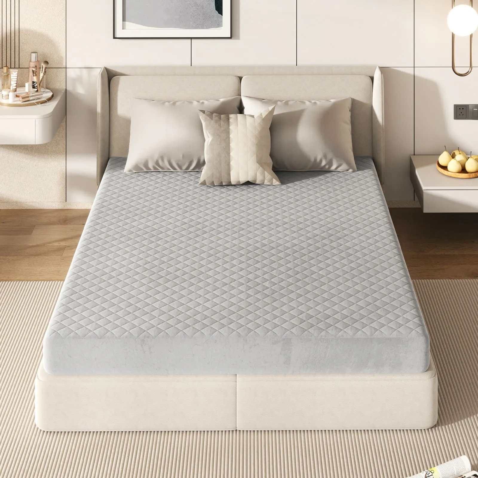 Costway King Size Mattress Protector Luxury Soft Velvet Mattress Topper in Grey 5