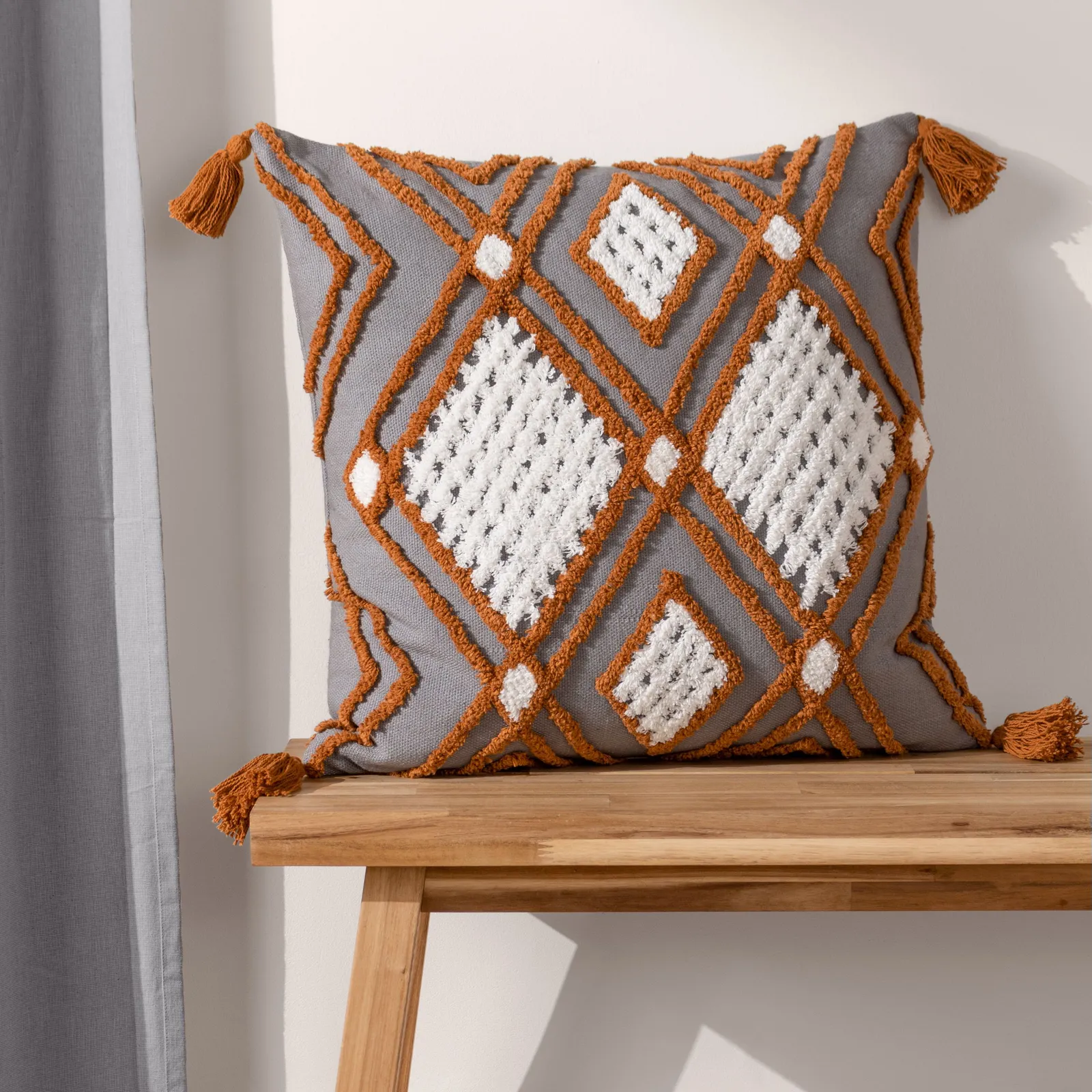 Furn Aquene 100% Cotton Tufted Tasselled Cushion in Charcoal