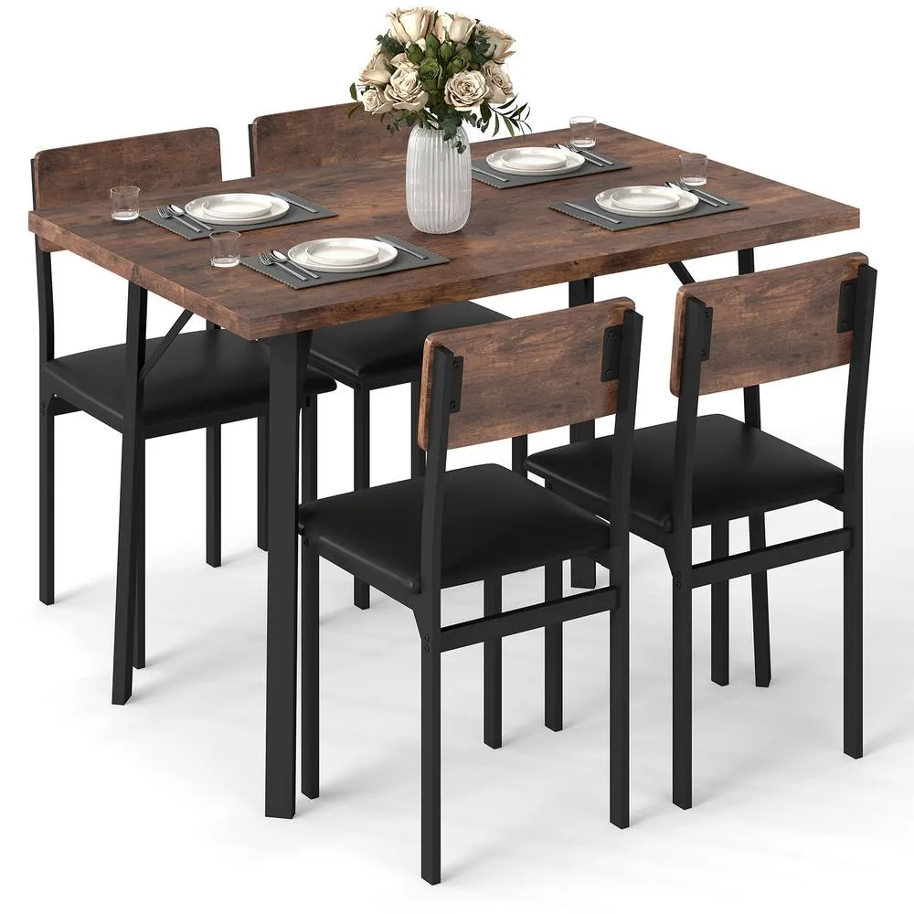 Costway 5PCS Dining Table Set Industrial Kitchen Table & 4 Upholstered Chairs in Brown