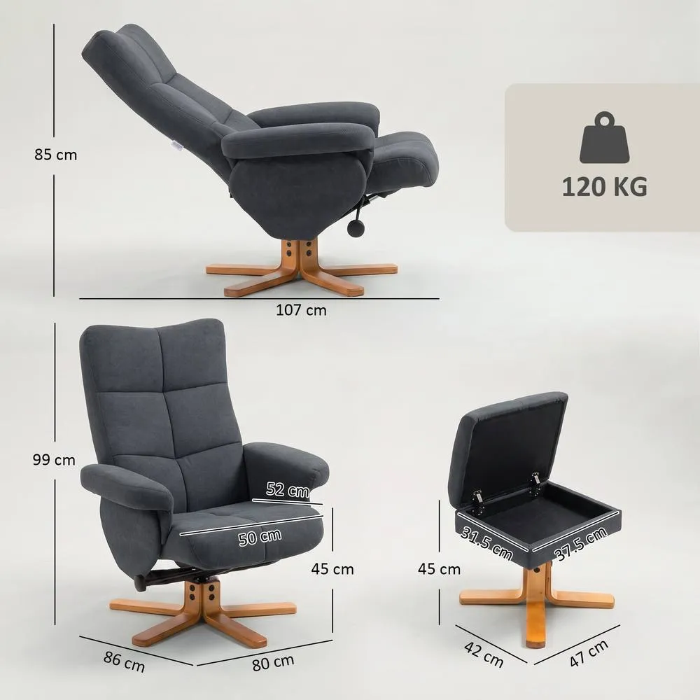 HOMCOM Linen Recliner Chair & Footstool Wooden Base Grey 3