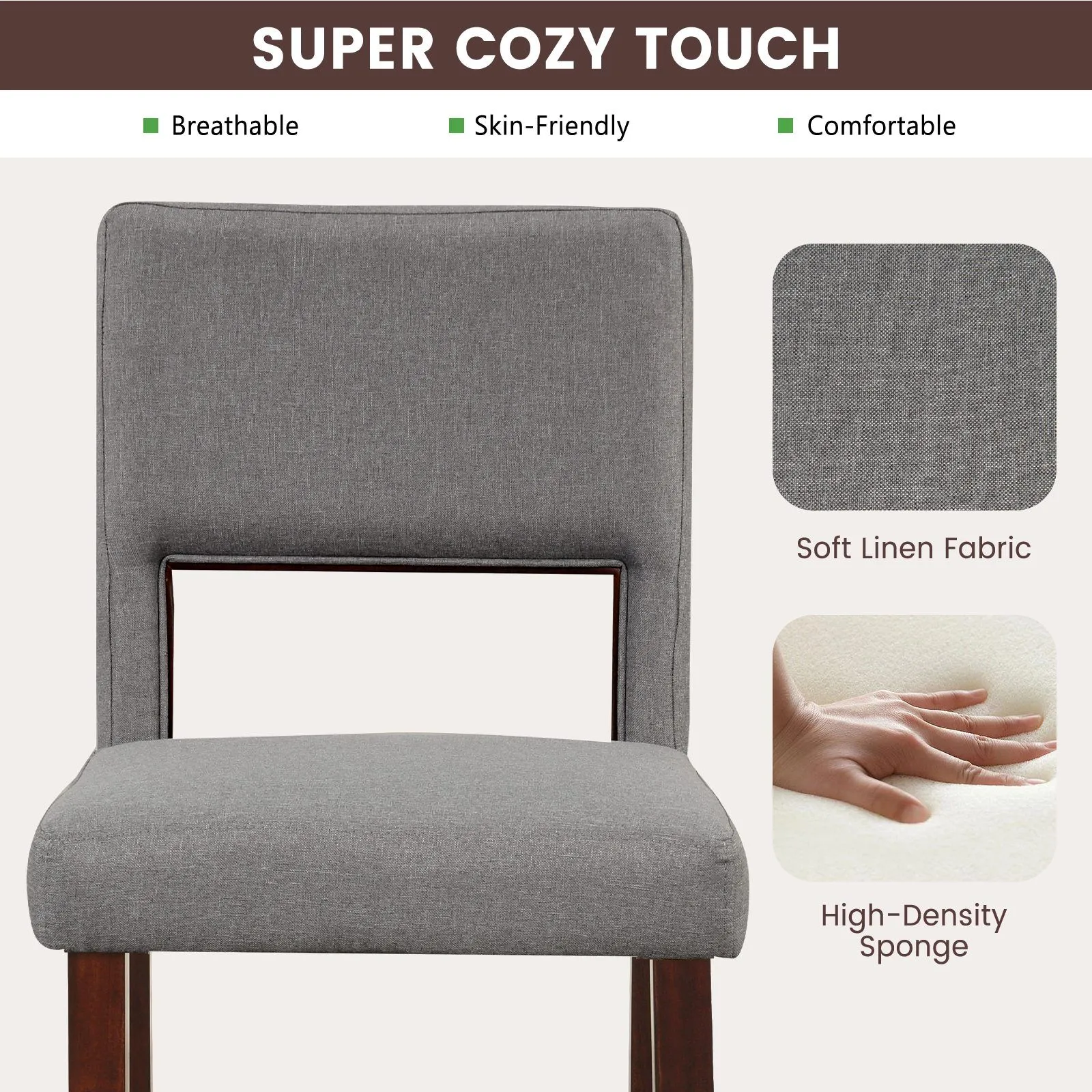 Costway Set of 2 Bar Stools Linen Counter Height Chair Upholstered Kitchen Island Stool in Grey 6