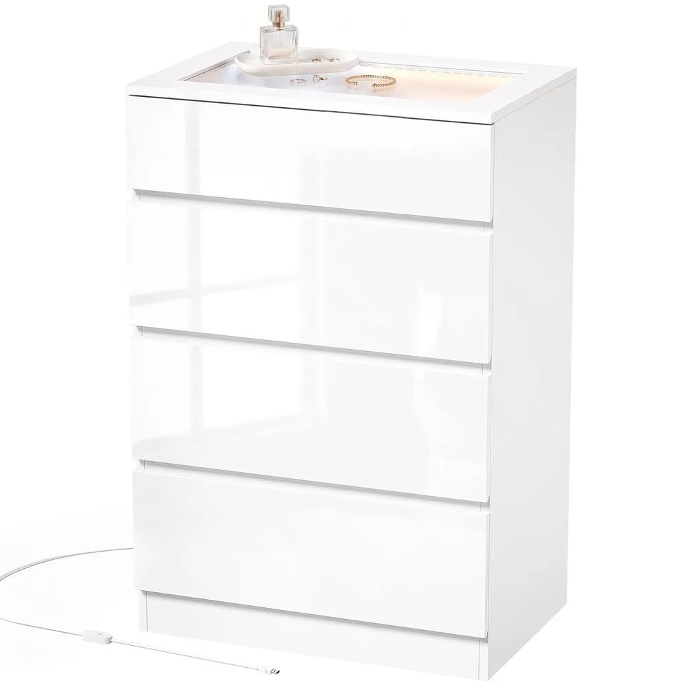 HOMCOM High Gloss 4 Drawer Chest of Drawers with Glass Top RGB LED Lights in White