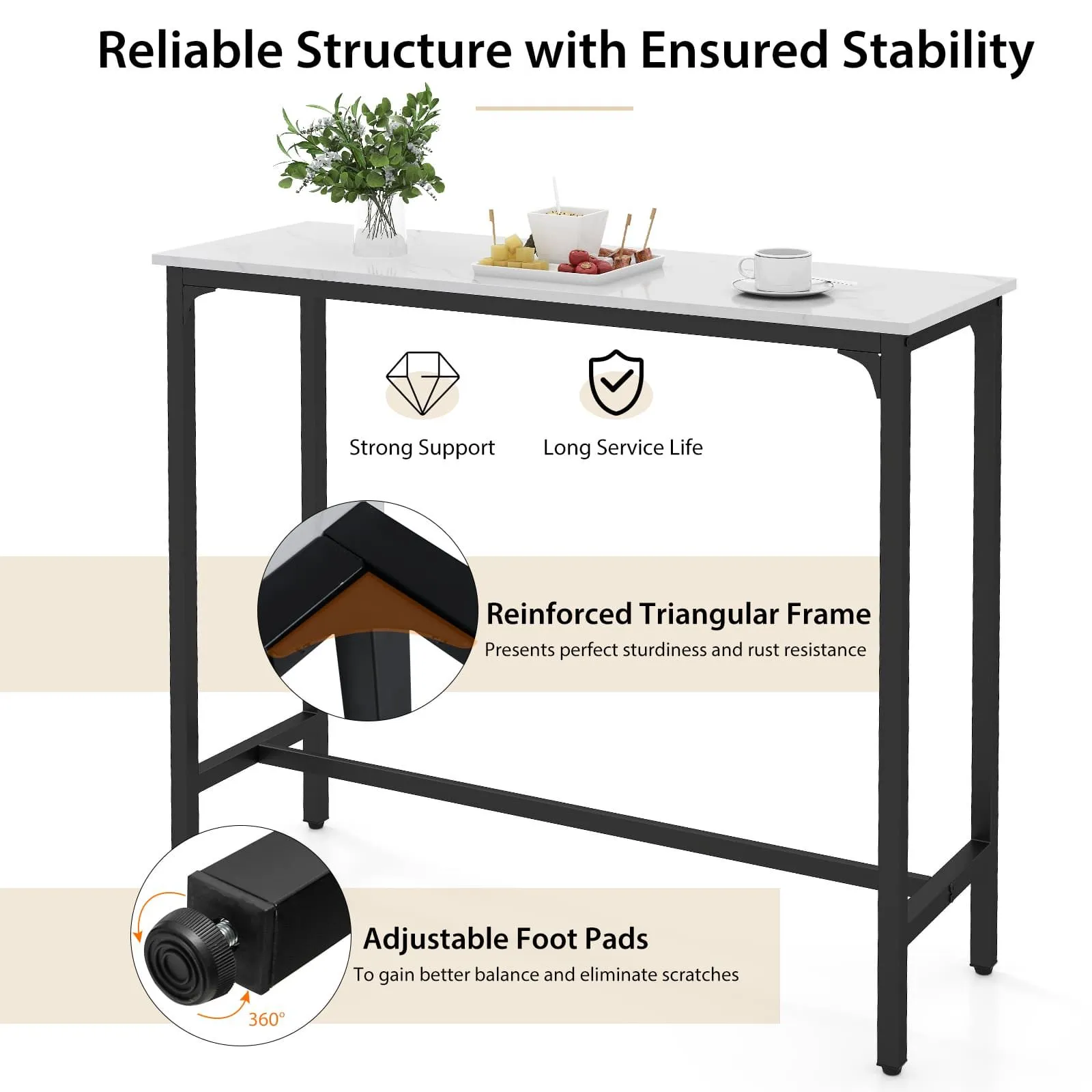 Costway 120cm Bar Table Counter Height Table with Footrest in White 5