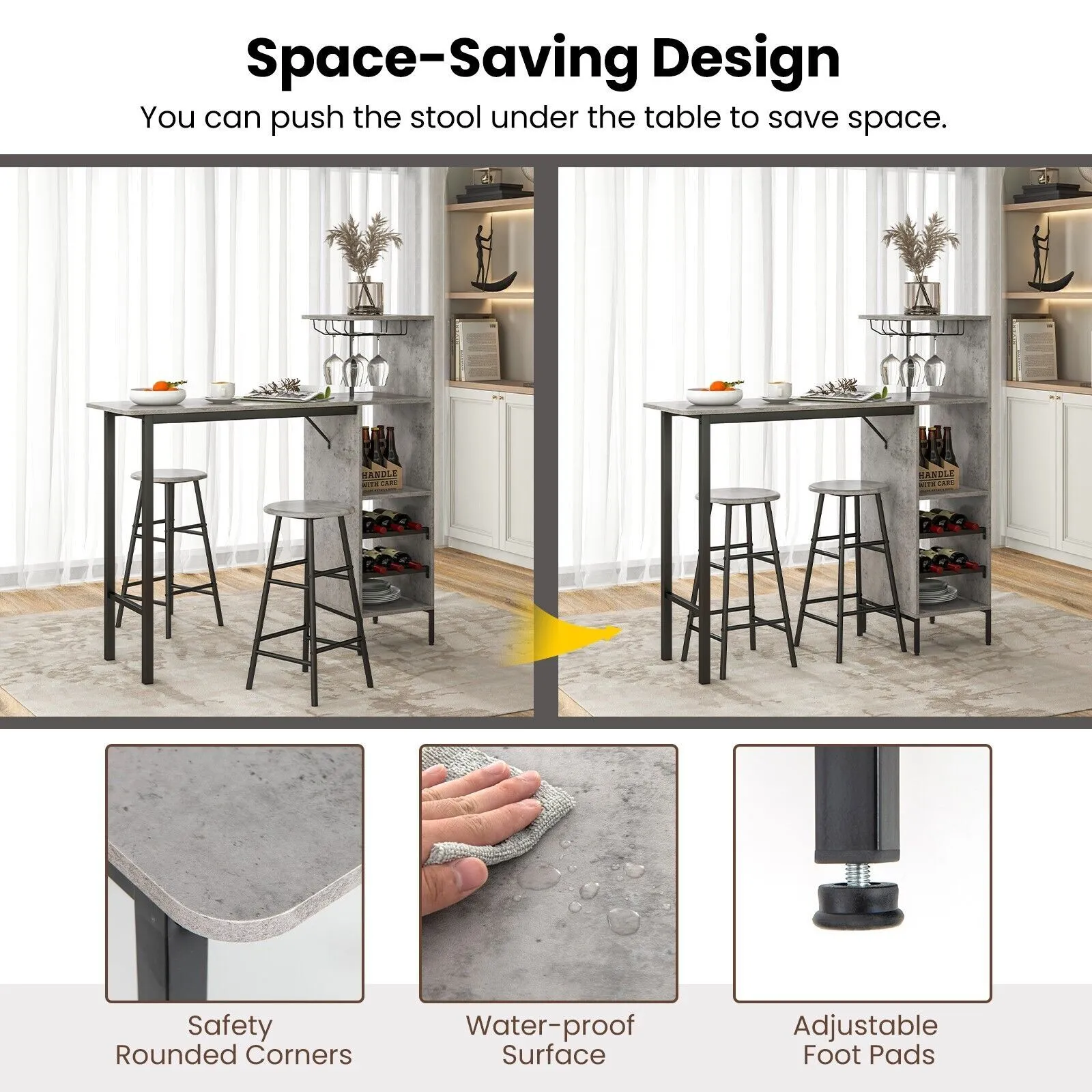 Costway 3PCS Bar Table & 2 Stool Industrial Kitchen Dining Set W/ Wine Rack Glass Holder in Grey 4