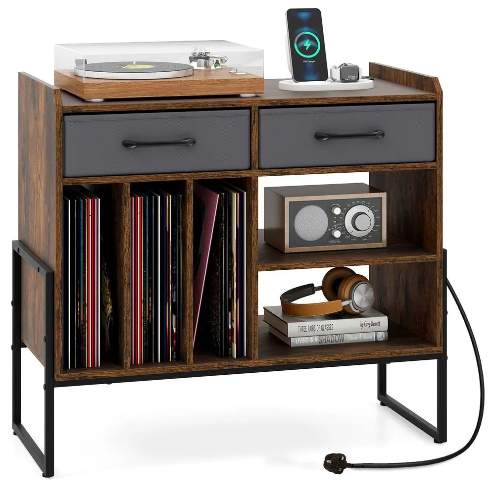 Costway Record Player Stand w/Charging Station 2 Drawers Vinyl Storage Cabinet in Brown 3