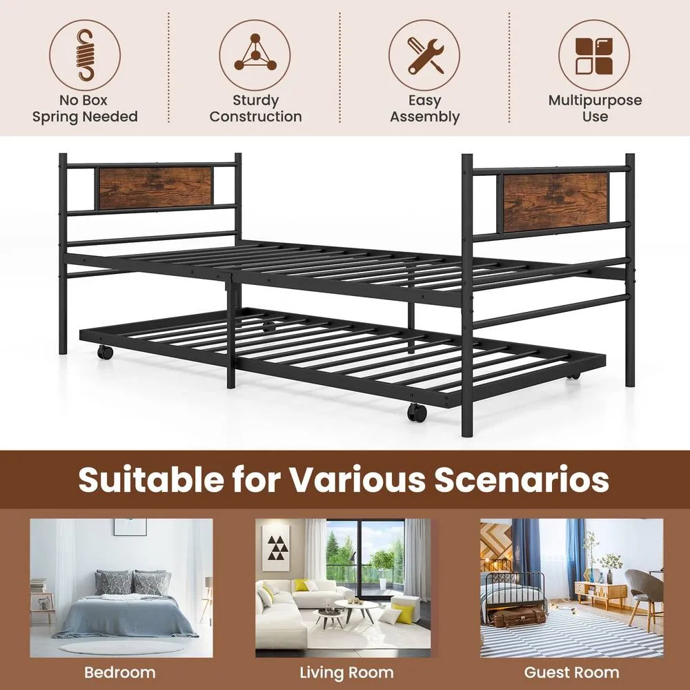 Costway Metal Daybed with Pull-out Trundle Single Sofa Guest Bed w/Headboard in Brown 4
