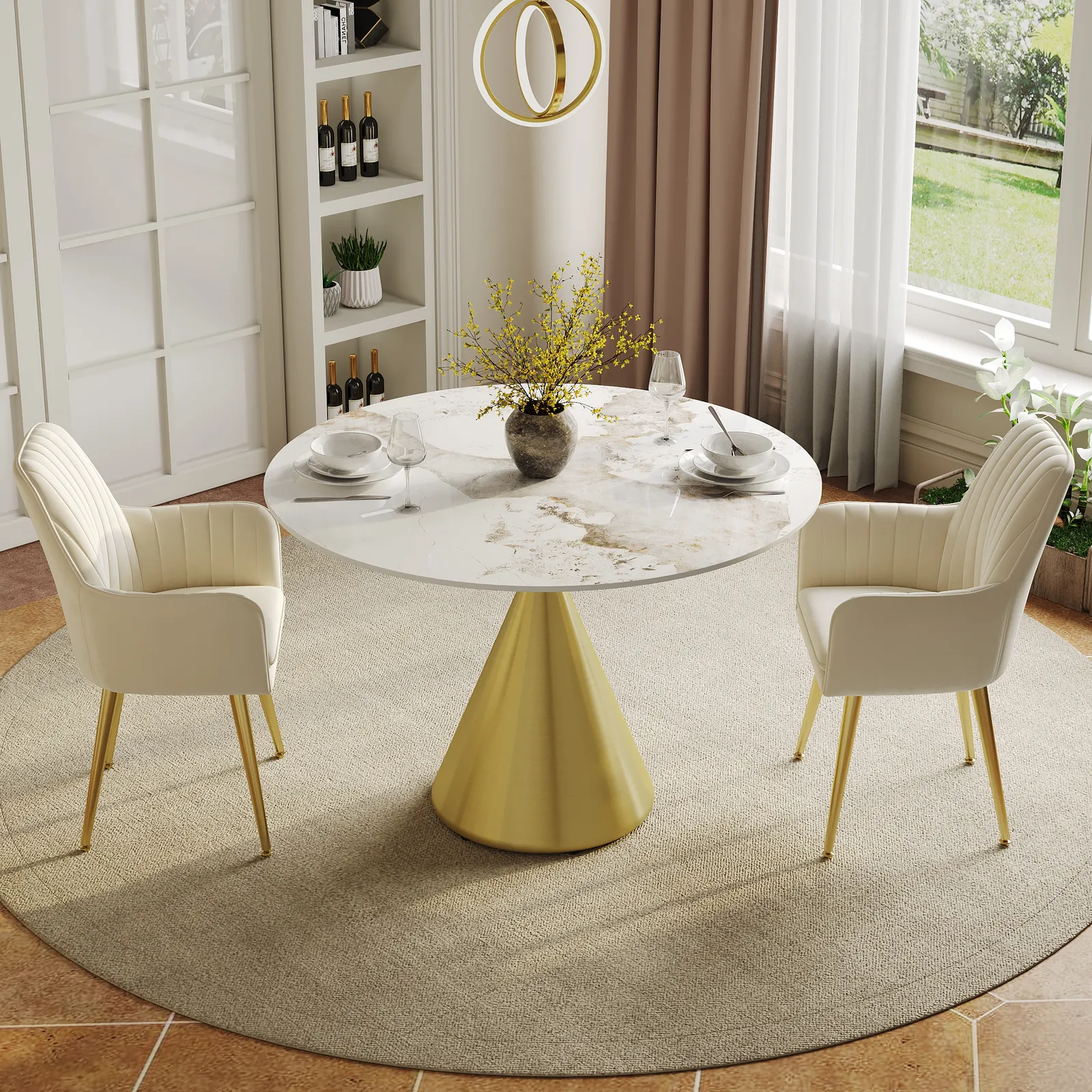 1000mm Sintered Stone Round Dining Table with Brushed Gold Base Seats 2-4 People