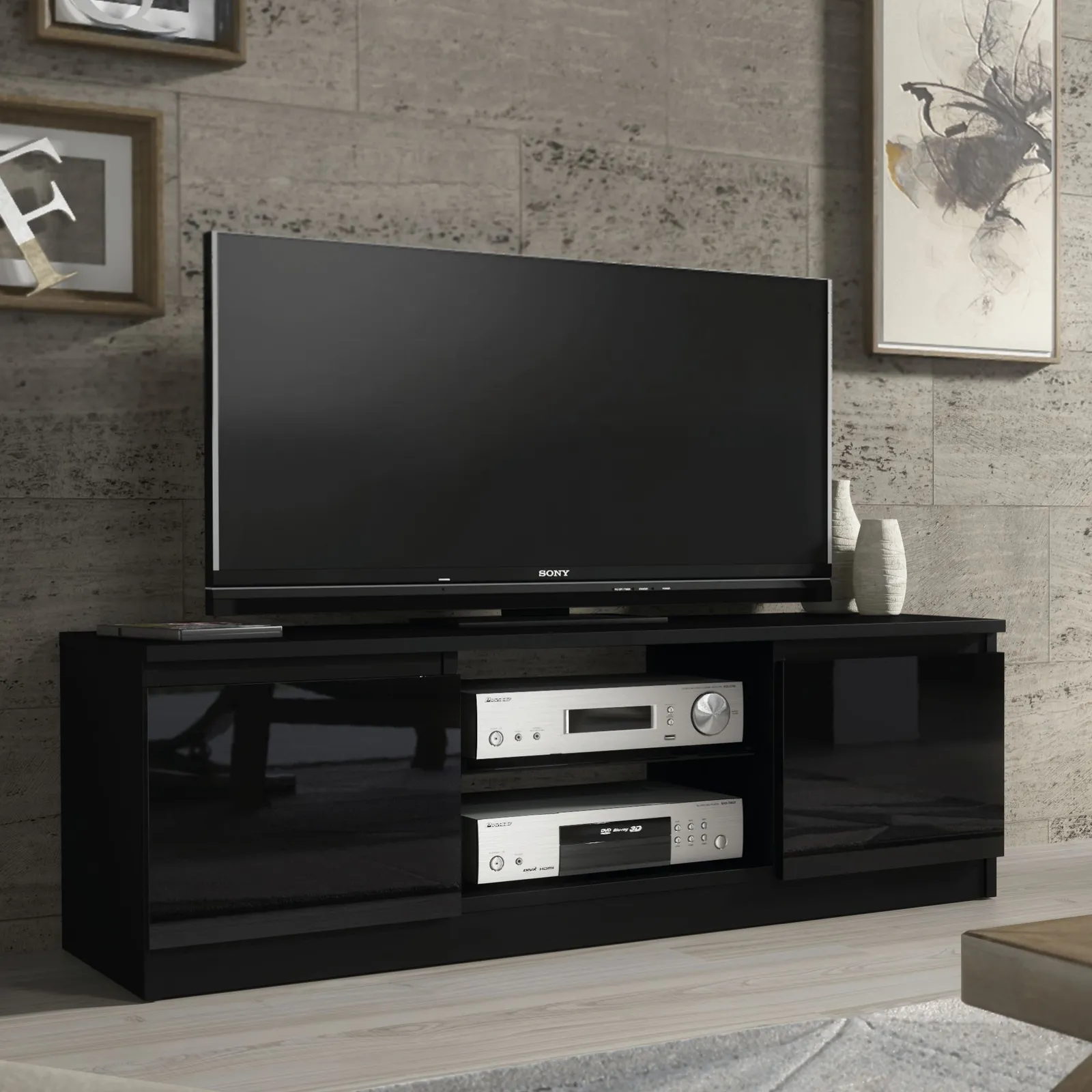 Creative Furniture TV Unit 120cm Modern - Black with High Gloss Doors
