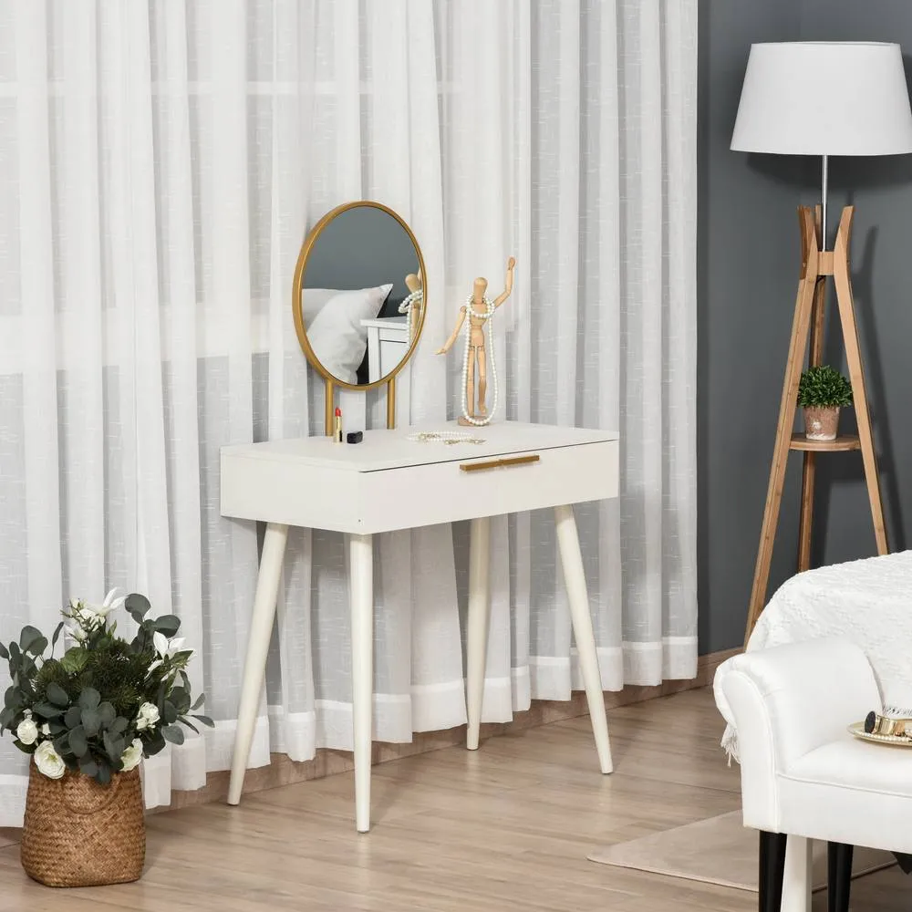 HOMCOM Modern Dressing Table w/ 2 Drawers Round Mirror for Bedroom White 2