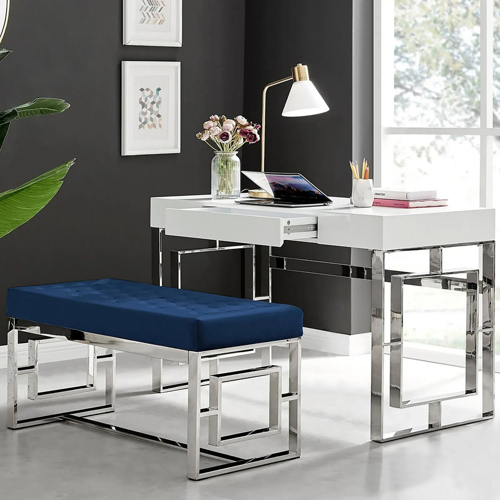 FurnitureboxUK Cambridge Velvet & Chrome Dressing Table & Stool Set in Navy