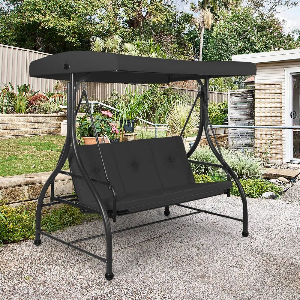 Costway Garden Patio Swing Chair 3 Seater Hammock Bench Convertible Canopy Cushion Seats in Black