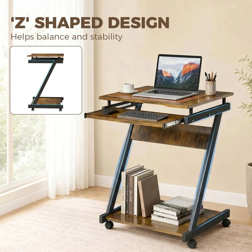 HOMCOM Movable Computer Desk with 4 Moving Wheels Rustic Brown 4