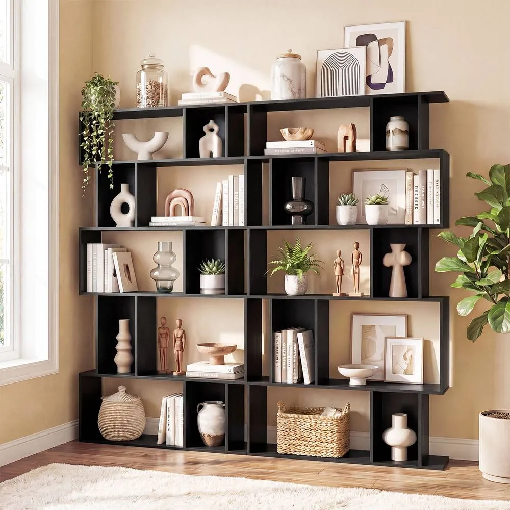 Costway Geometric Bookshelf 5-Tier Bookcase with Open Shelves in Black 4