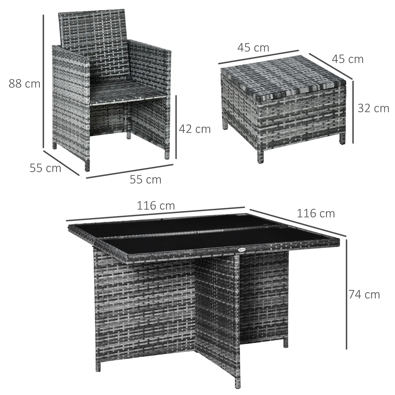 OUTSUNNY Rattan Dining Set Garden Furniture Cube Table Chair Stool Cushion Seat in Grey 3