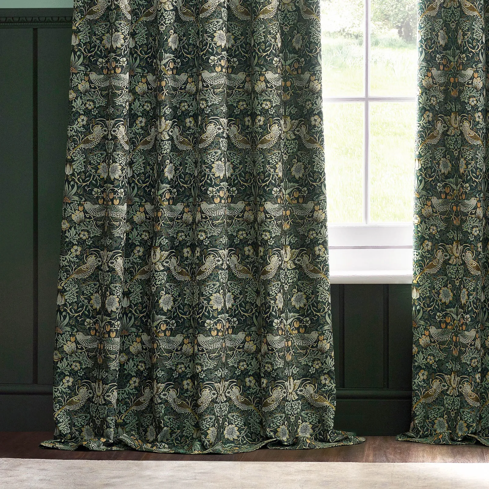Morris & Co Strawberry Thief Jacquard Floral Room Darkening Pencil Pleat Curtain Pair in Green 5