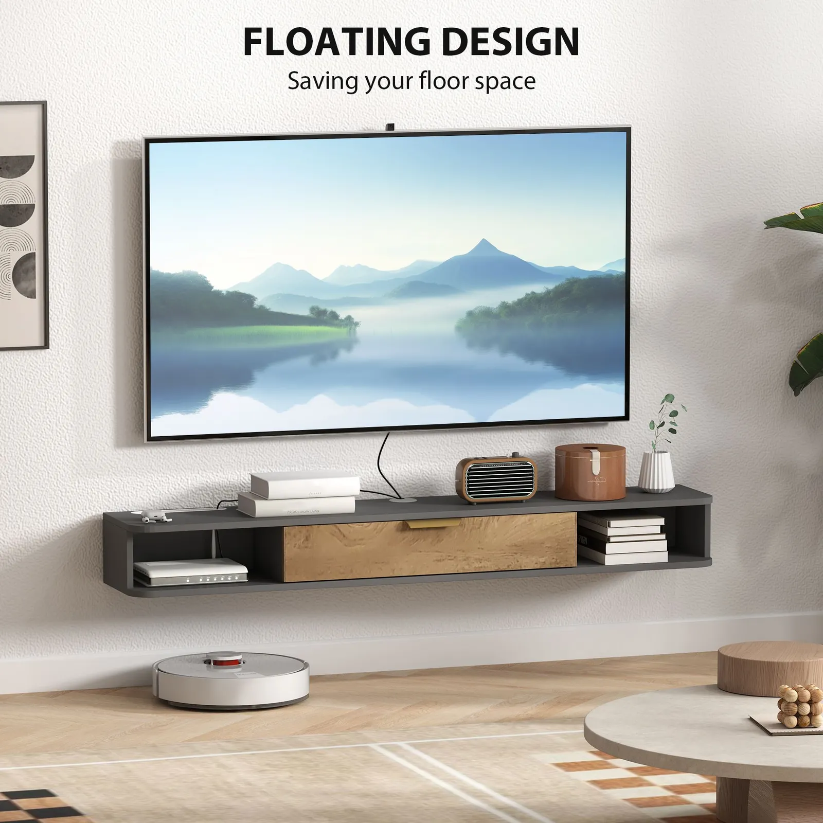 HOMCOM 140 cm Floating TV Unit with Storage Entertainment Media Console Grey in Dark Grey 4