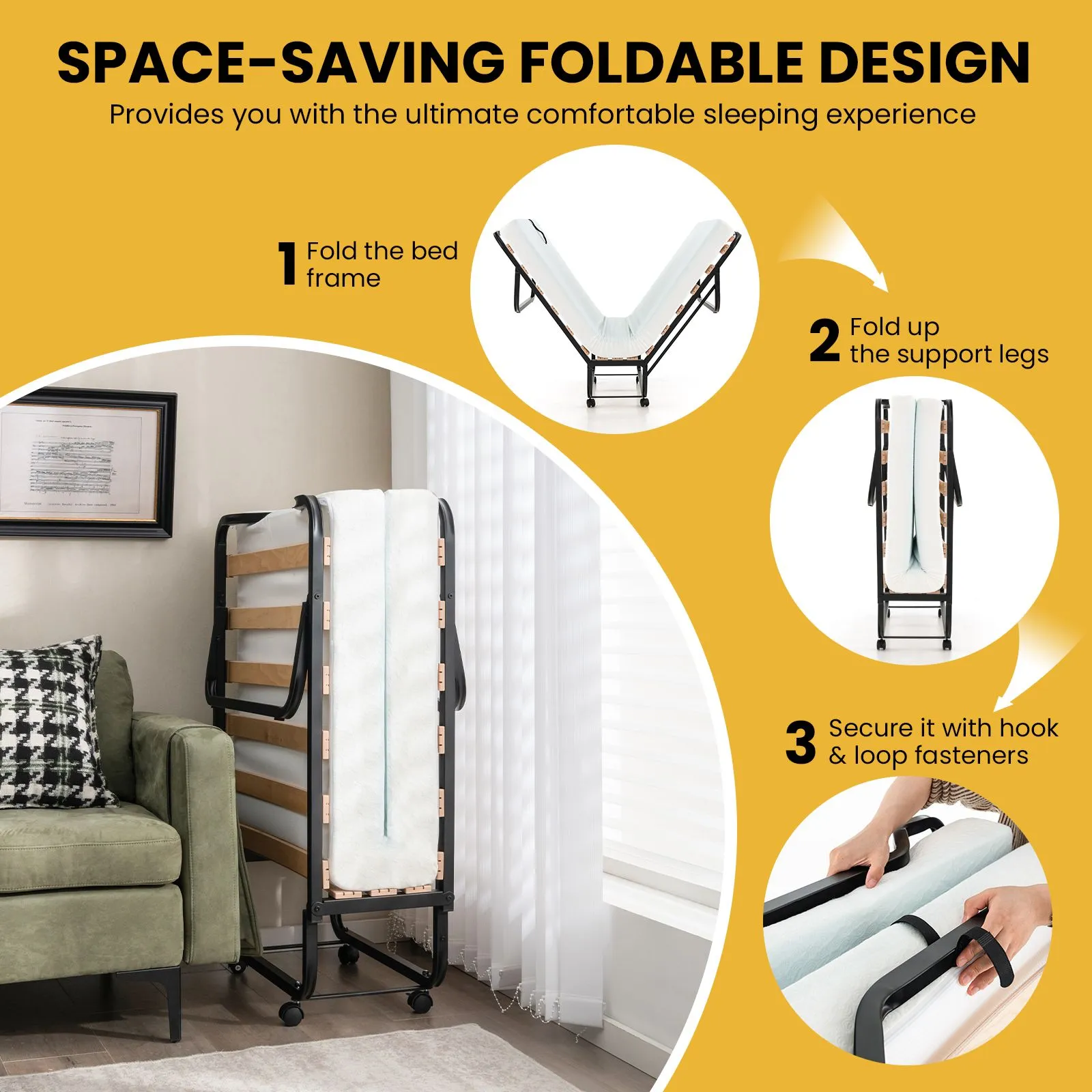 Costway Folding Bed w/ Mattress Portable Foldable Guest Bed Portable Rollaway Bed in White 6
