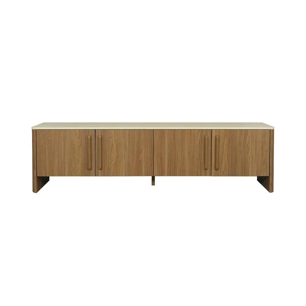 sweeek 4-door TV stand 180 cm with travertine effect top & wood decor in Dark Brown 3