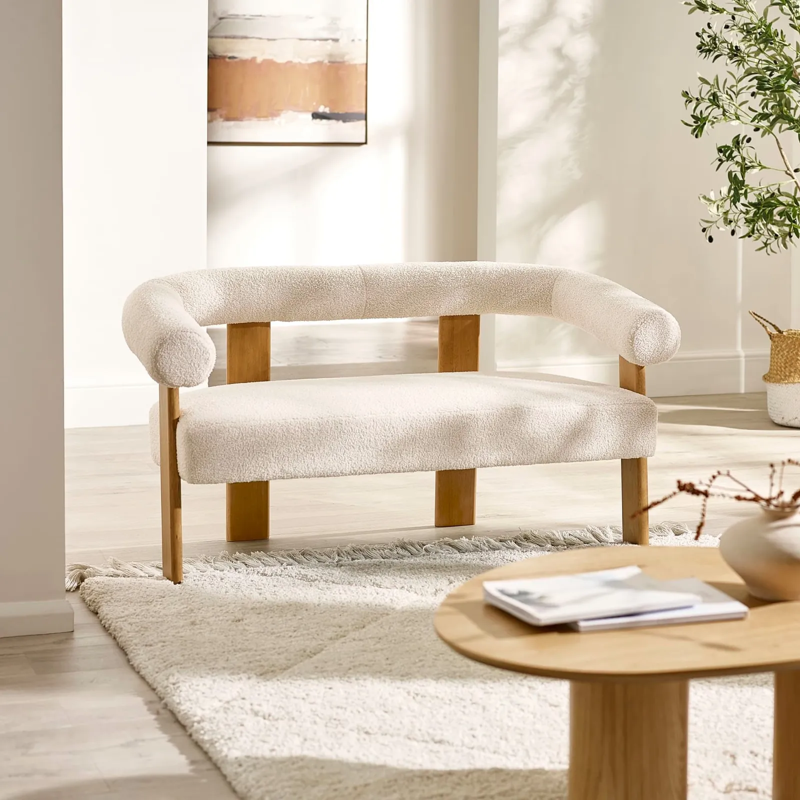 Freya - 2-Seater Sofa - White - Boucle Fabric - Happy Beds