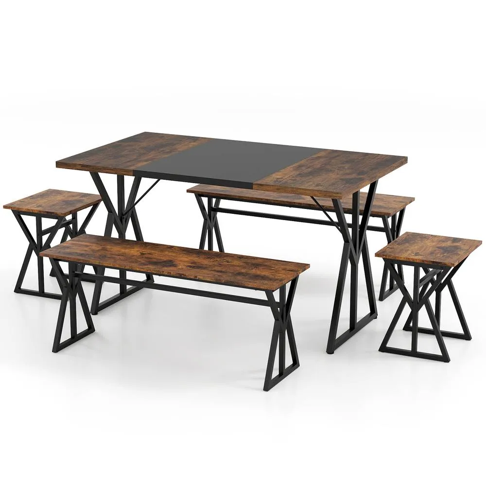 Costway 5PCS Dining Room Set Industrial Kitchen Table w/2 Benches & 2 Stools in Brown 5