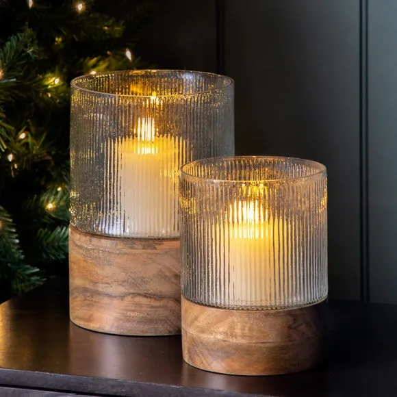 Cedar & Sage Belver Mango Wood & Fluted Glass Hurricane Candle Holder 2