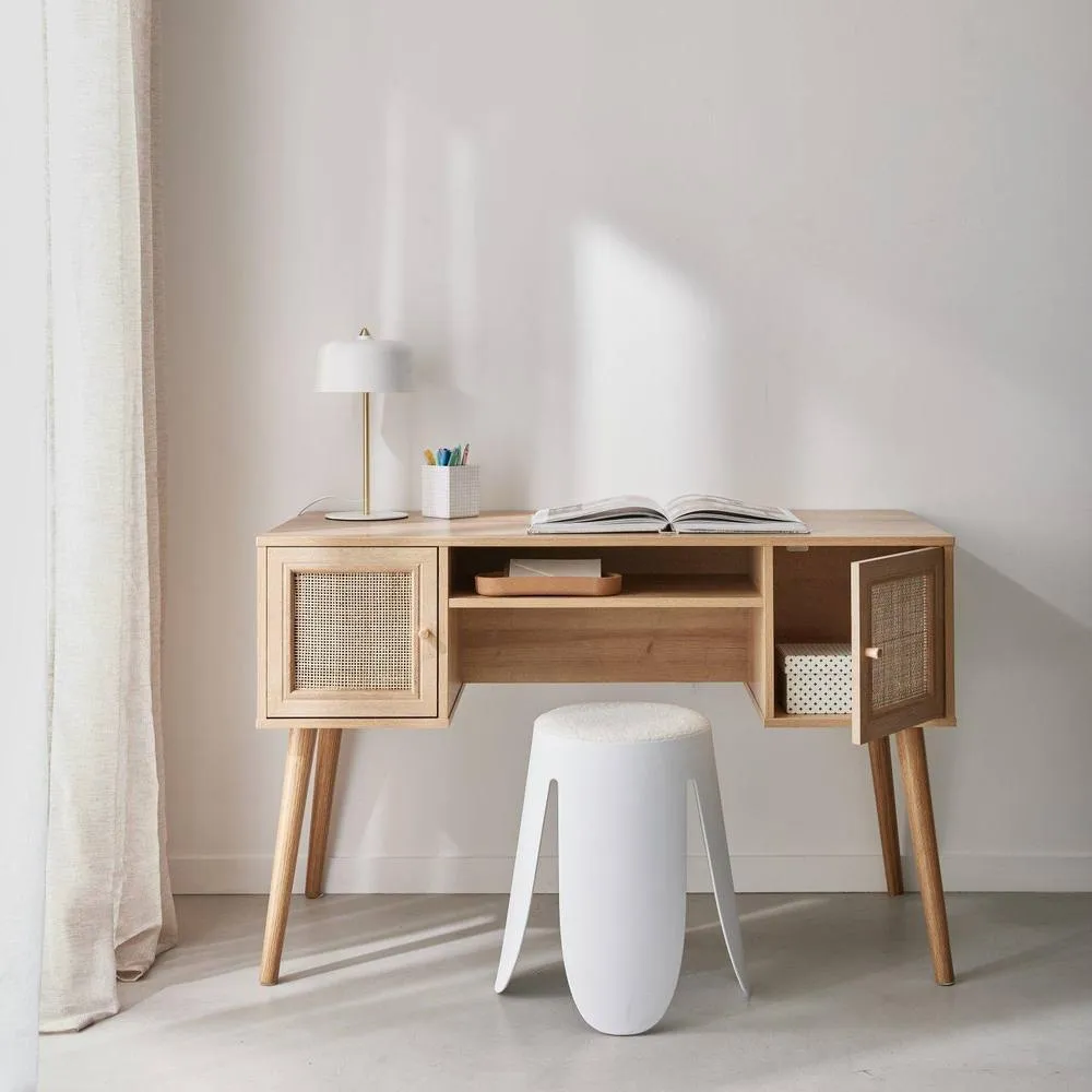 sweeek 2-door Desk With Wood & Cane Effect in Light Brown