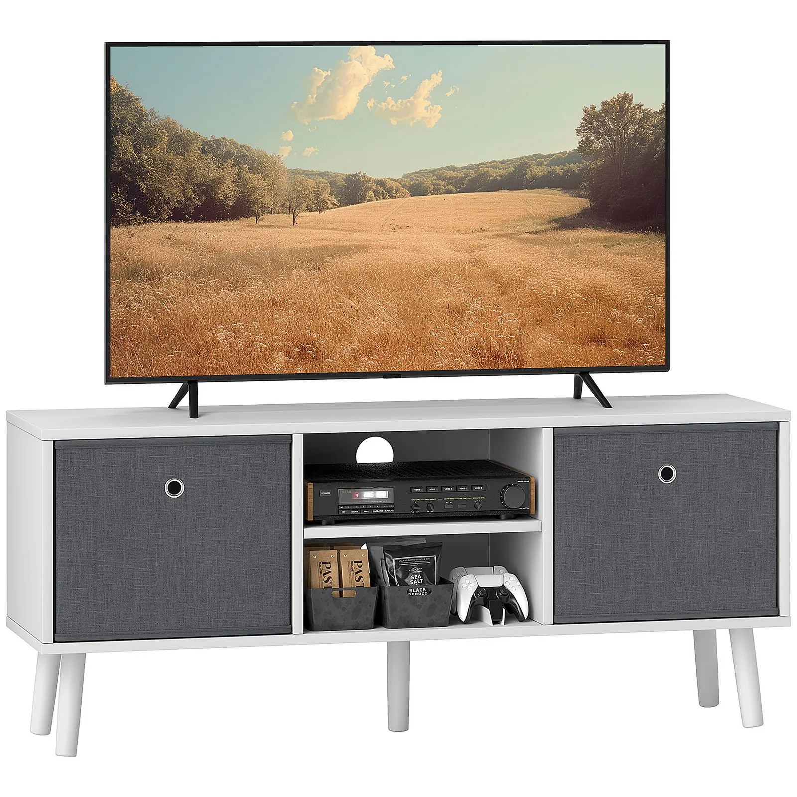 HOMCOM Modern TV Cabinet Stand w/ Shelves & Drawers, Bedroom in White 2