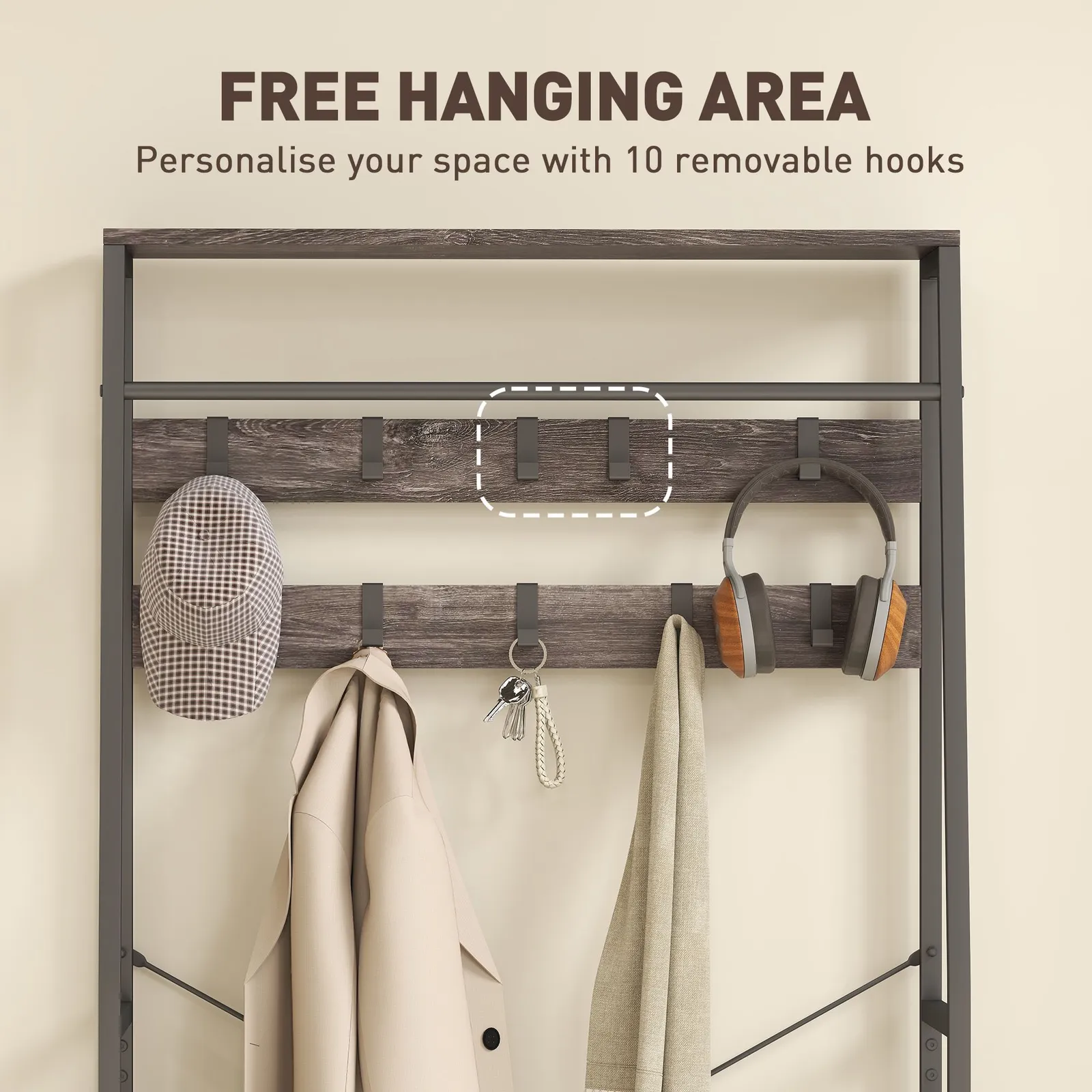 HOMCOM Coat Rack with Shoe Storage, Bench & 10 Hooks in Grey 6