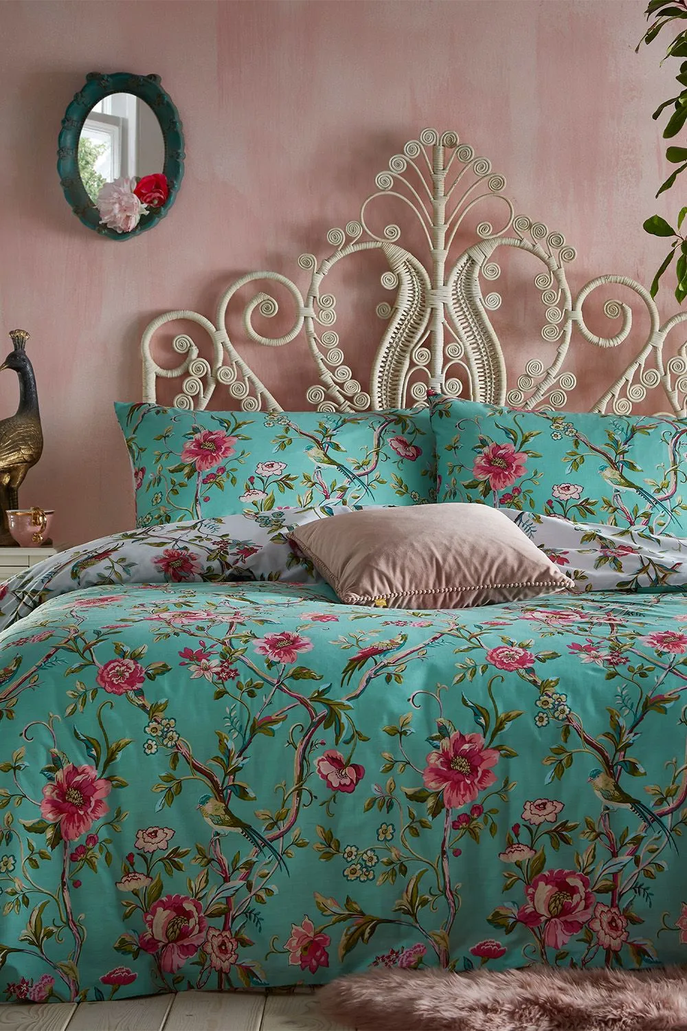 Furn Vintage Chinoiserie Exotic Floral Duvet Cover Set in Jade