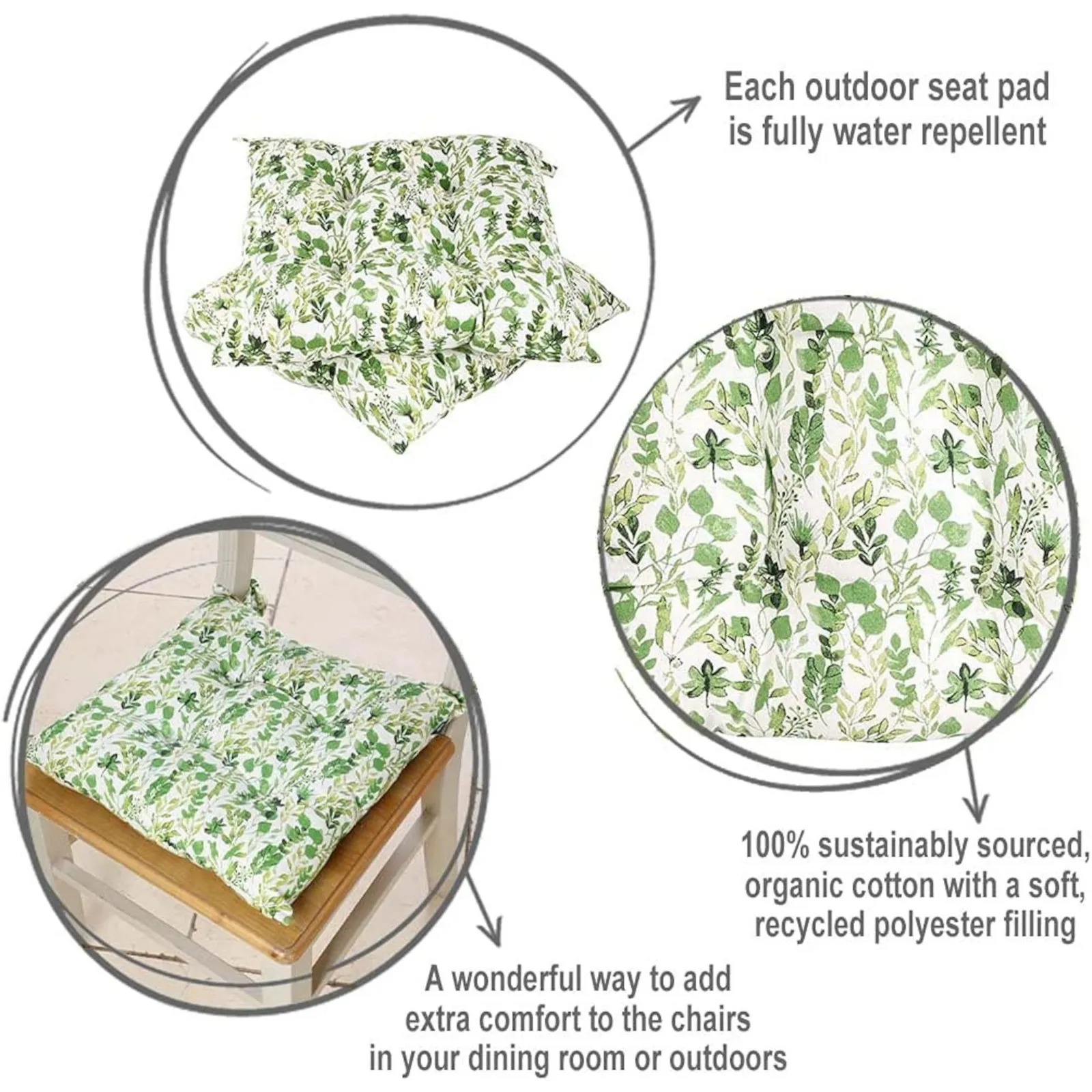 Dibor Set of 4 Green Leaf Print Cotton Outdoor Garden Chair Seat Pad Cushions L40cm x W40cm 6