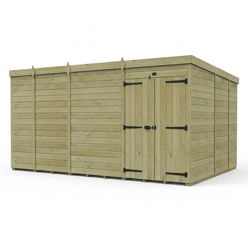 Buttercup Farm 13ft x 9ft Pent Garden Shed Double Door With Windows - Timber in Brown