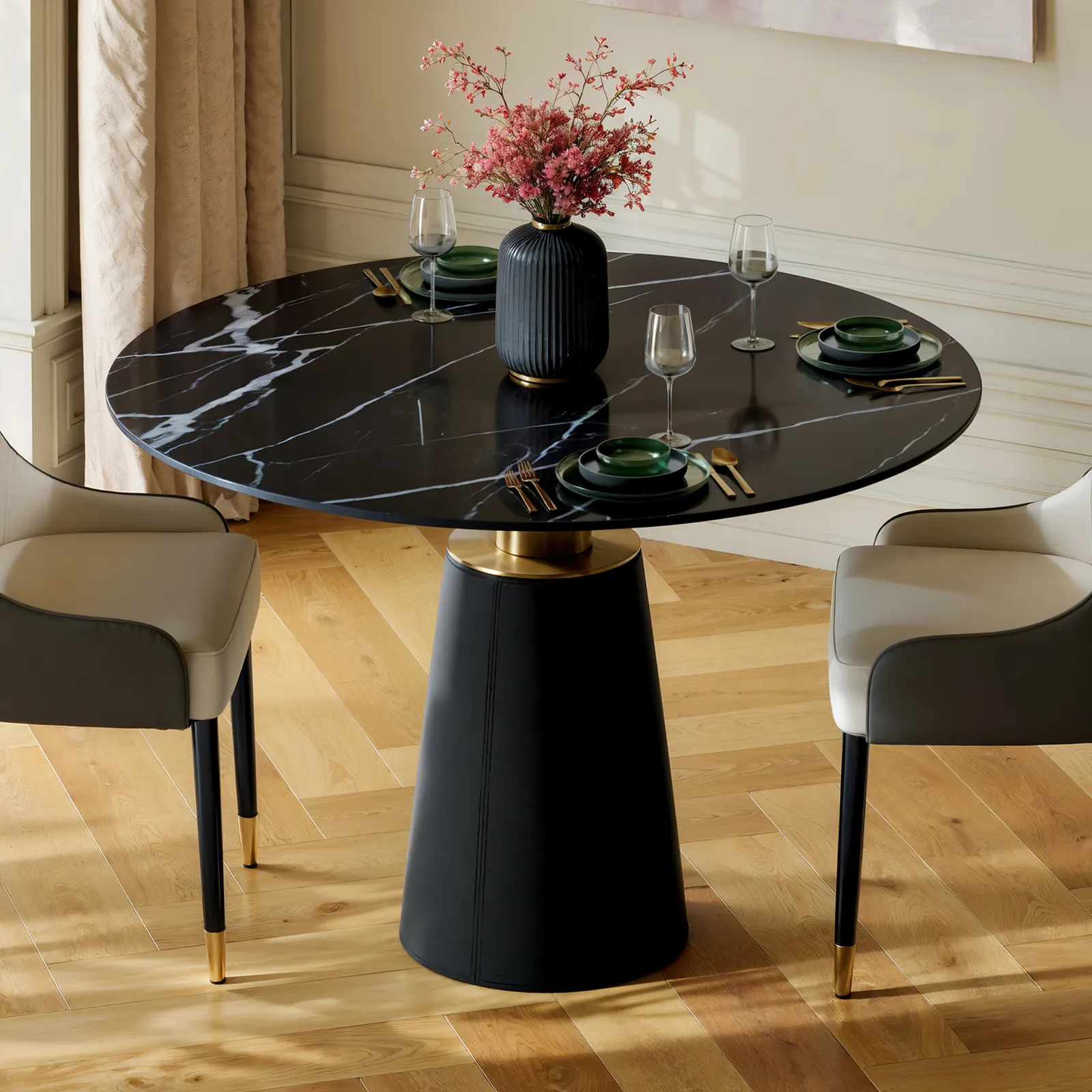 100 cm Sintered Stone Round Dining Table with Saddle Leather Base Seats 2-4 People